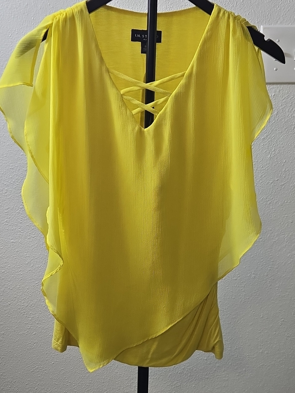 I.N. Studio Yellow Sheer Ruffle Sleeve V-Neck Top